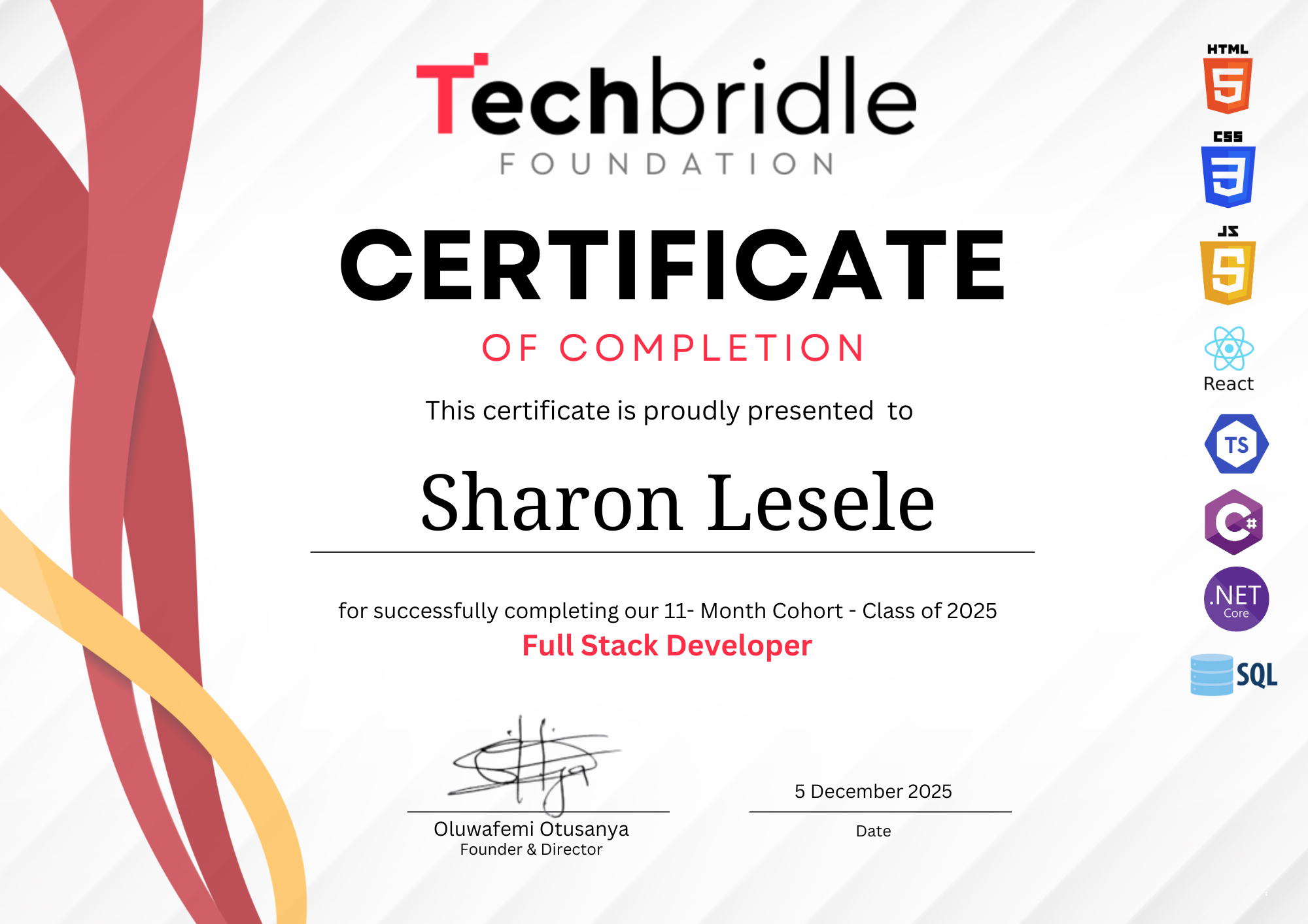 Sharon Lesele certificate